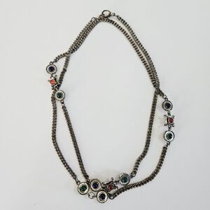 Vintage Long Rhinestone Jewel Tone Cabochon Silver Tone Snake Chain Necklace 36"